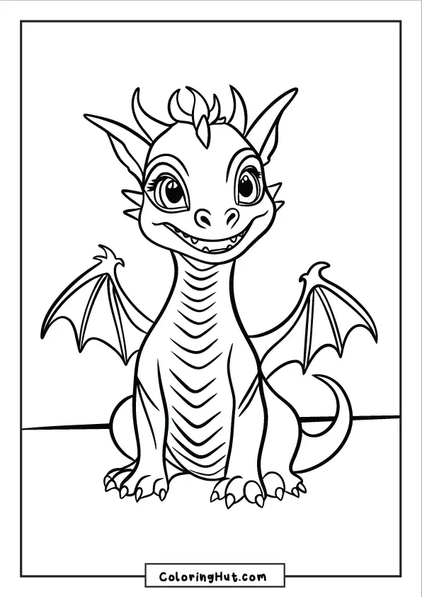 Cute baby dragon with wide eyes and tiny wings sitting on the ground