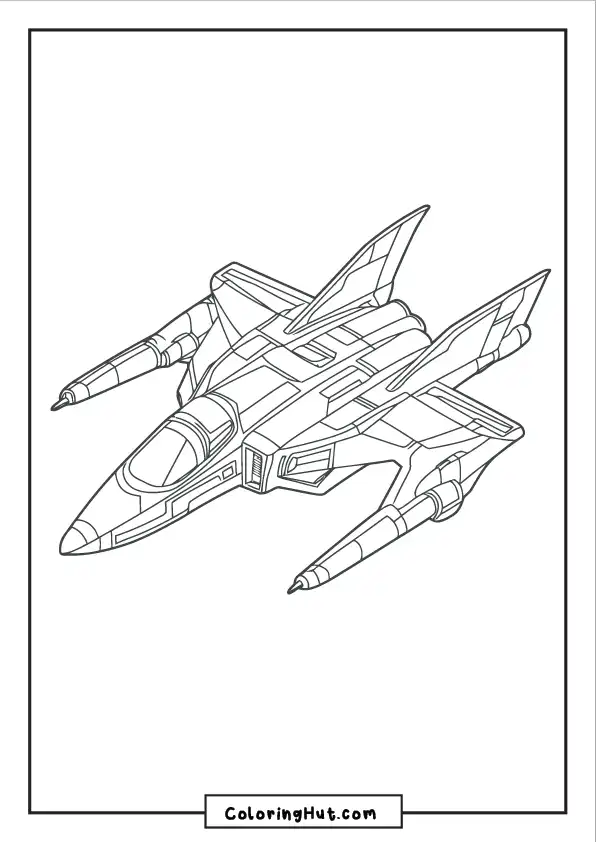 Intricate design of an advanced fighter jet-style spaceship ready for imaginative coloring.