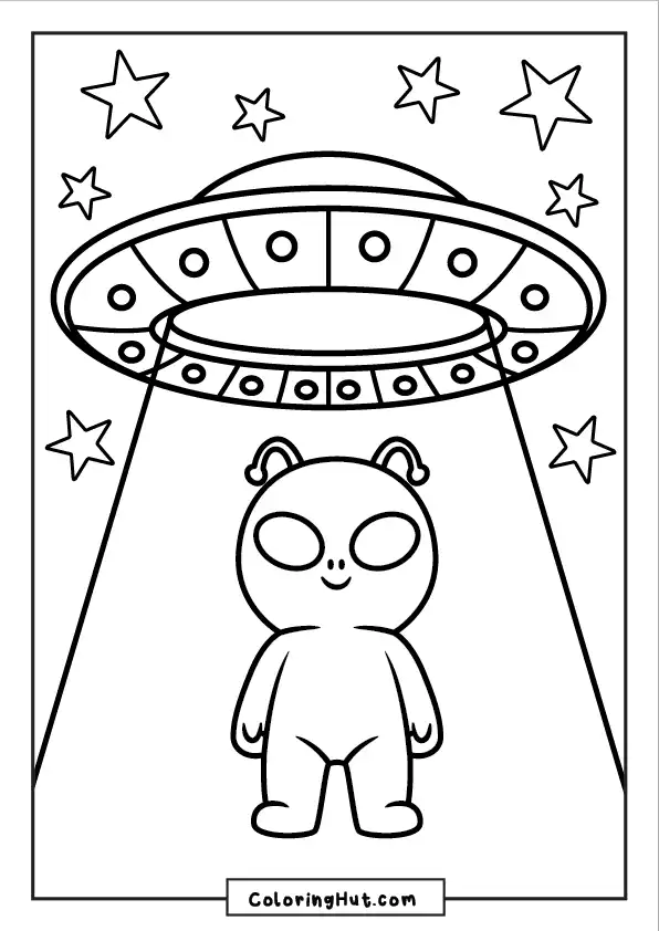 Silly alien standing under a flying saucer with beams and stars – classic UFO abduction scene for coloring