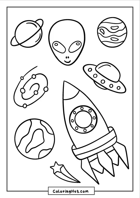 Fun alien face, planets, rocket ship, and galaxy elements – ideal space-themed coloring fun