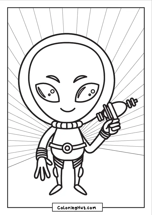 Confident alien in a space suit holding a futuristic ray gun – perfect for sci-fi coloring fans