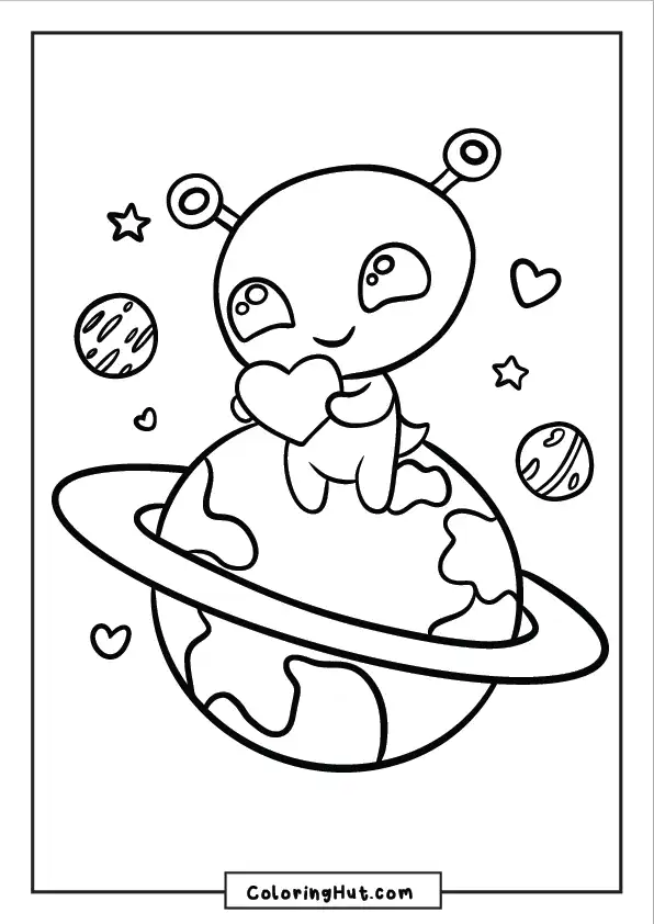 Lovable alien hugging Earth with heart shapes and stars around – space and love themed coloring fun
