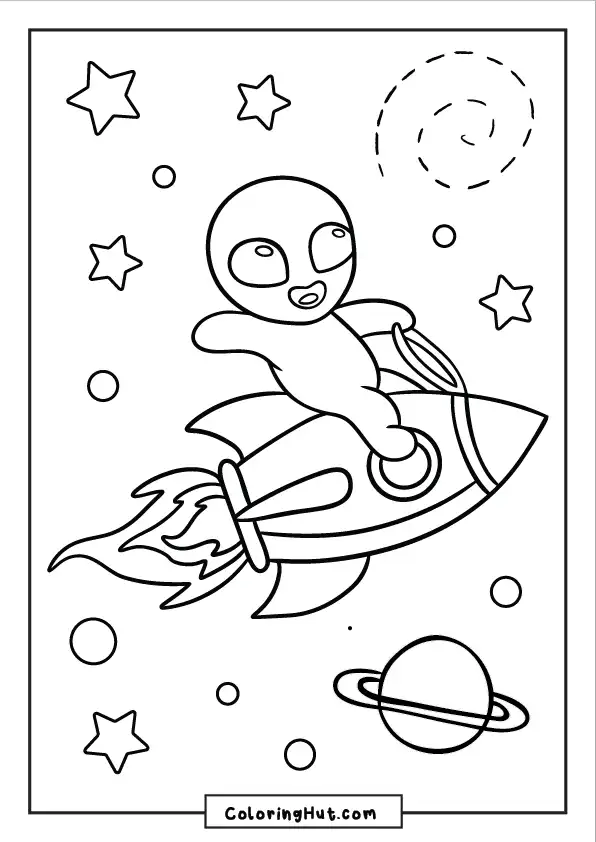 Cute alien flying through outer space on a rocket ship with stars and planets around