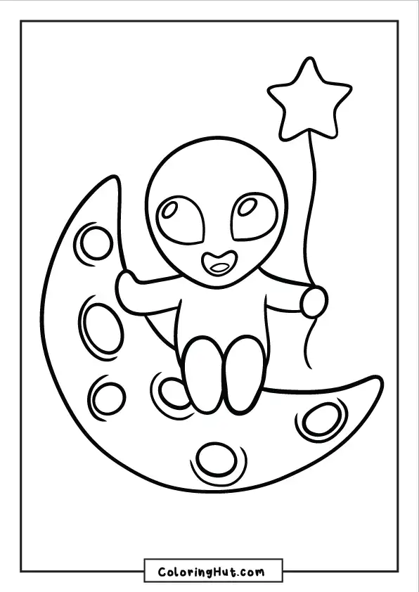 Cute alien holding a star wand while sitting on a crescent moon – magical and creative space design