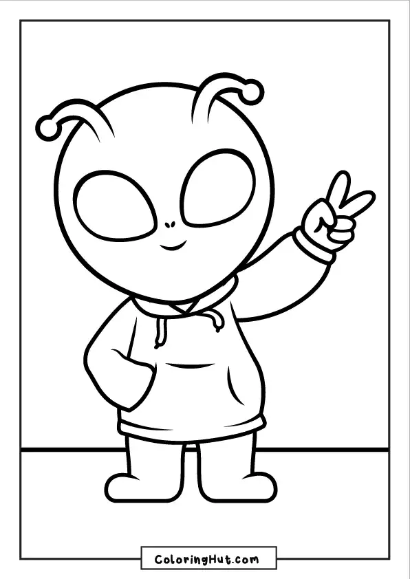 Trendy alien in hoodie flashing a peace sign – unique and modern alien coloring sheet