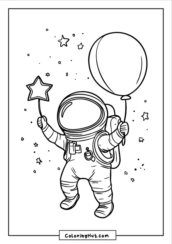 Astronaut cheerfully holding a star wand and a balloon while floating among stars.