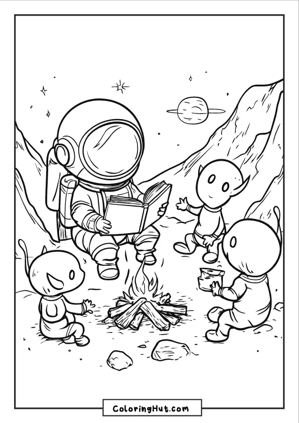 Astronaut sitting by a campfire, reading a book to three friendly aliens on a distant planet.