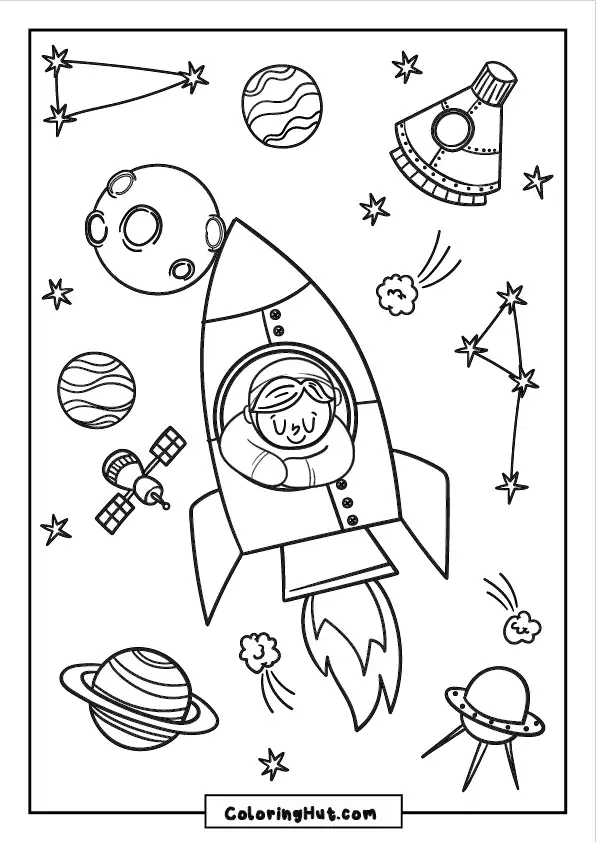 Happy astronaut traveling in a rocket through space with planets, satellites, constellations, and UFOs.