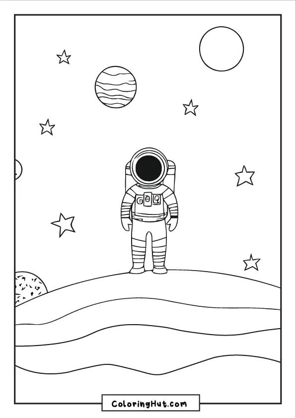 Astronaut standing on a wavy planet surface with stars and planets in the background.