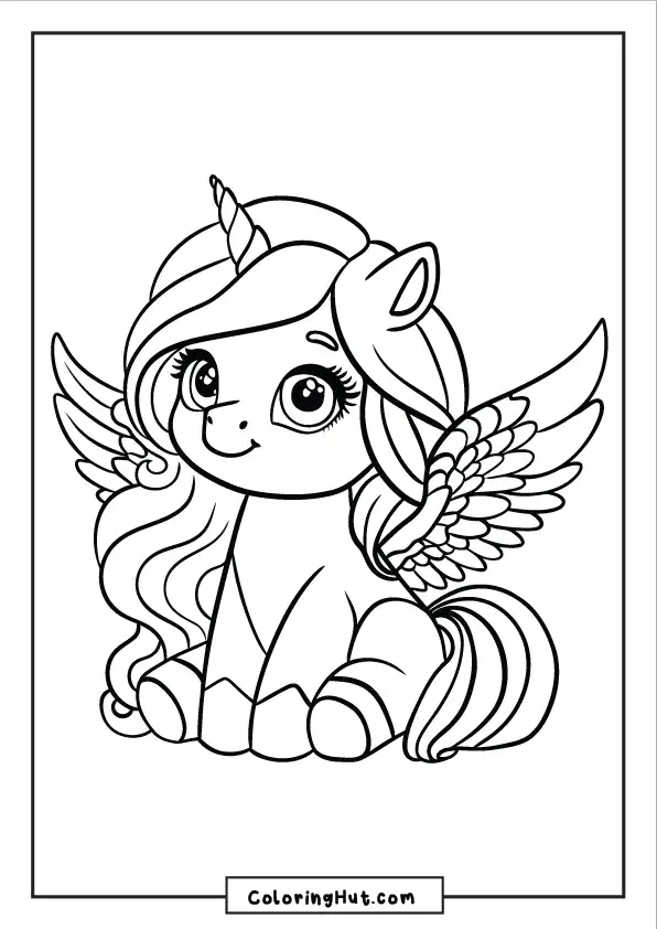 Adorable baby unicorn sitting with large wings and a sweet smile
