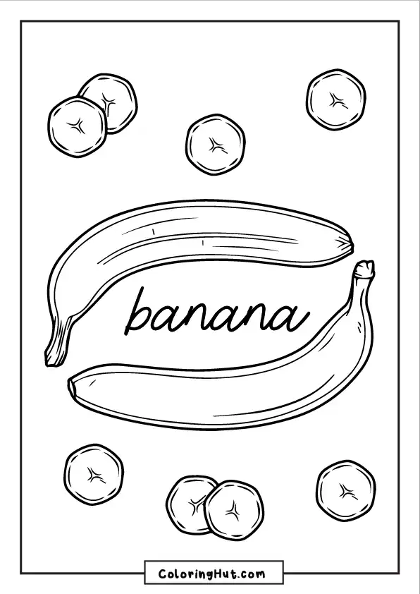 Banana and sliced banana coloring sheet with hand-drawn banana pieces and whole fruit.