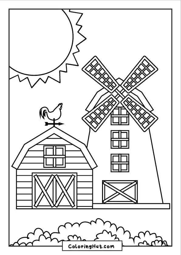 Barn and windmill coloring page scene with a rooster weather vane, bright sun, and greenery.
