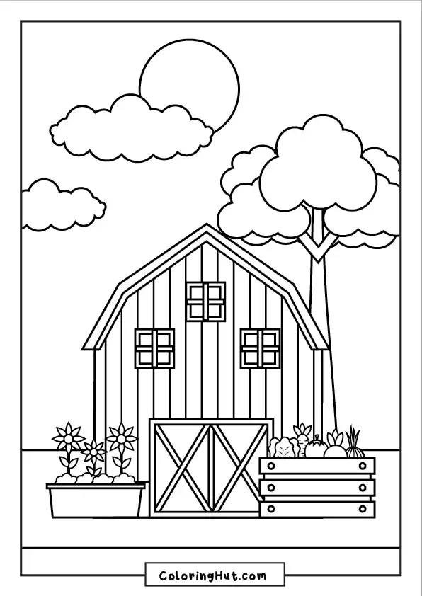 Cozy barn scene coloring page with a vegetable garden, potted flowers, tall tree, and a clear sunny sky.