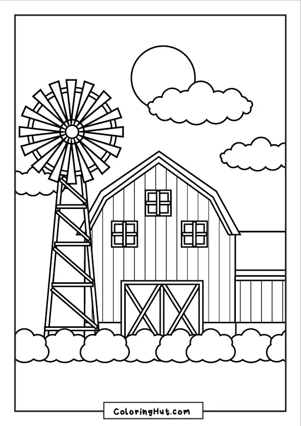 Coloring page of a countryside barn scene featuring a large windmill, barn, bushes, and clouds.