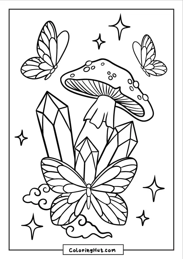 Mushroom with crystal formations and flying butterflies in a whimsical scene