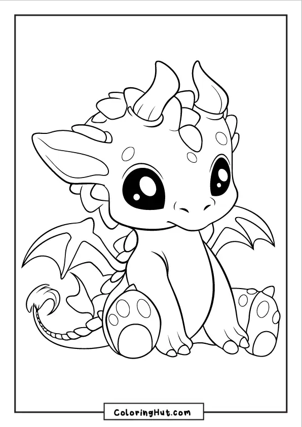 Kawaii-style baby dragon with tiny wings and big eyes sitting calmly