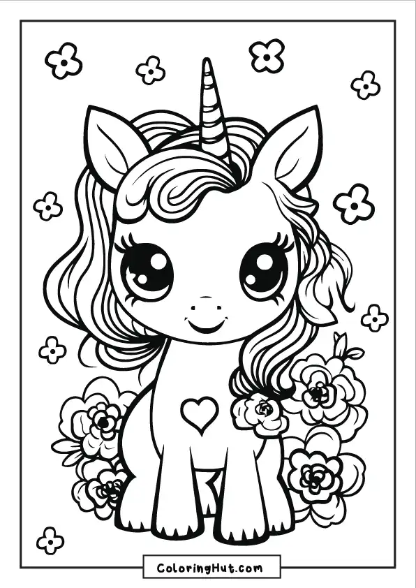 Adorable unicorn sitting among blooming flowers with a heart on its chest