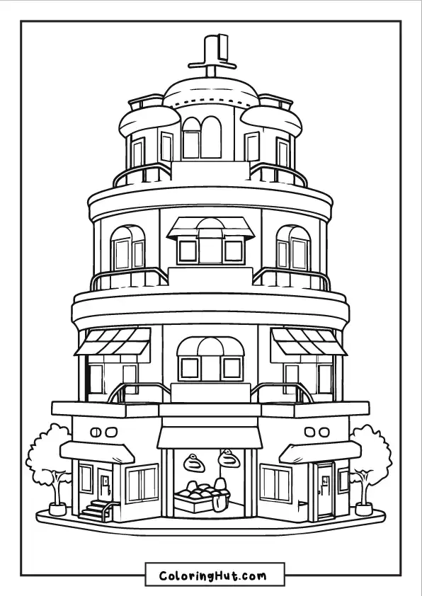 A stylish circular apartment complex featuring rounded balconies, rooftop details, and street-level shops.