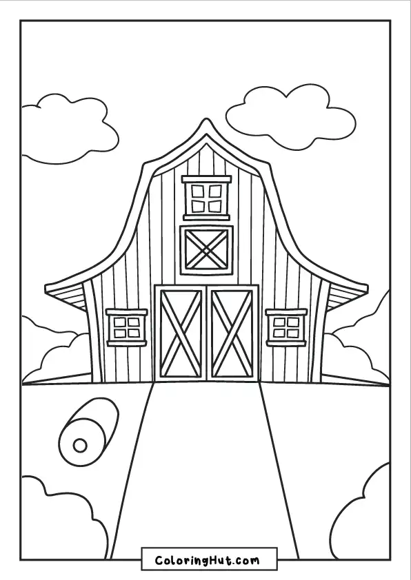 Classic country barn illustration with hay bale, clouds, and barn doors ready for coloring.