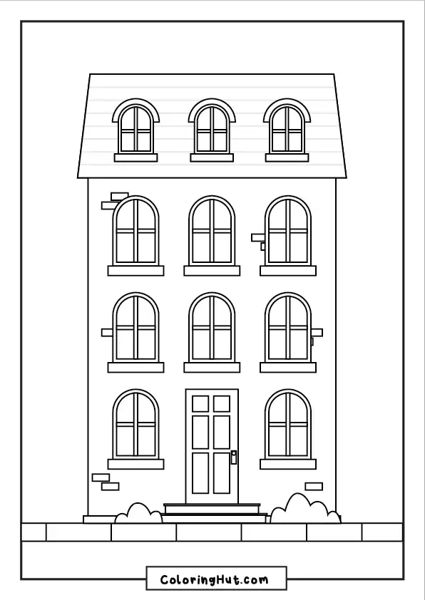 A simple four-story apartment with evenly spaced windows, a pitched roof, and an inviting entrance.