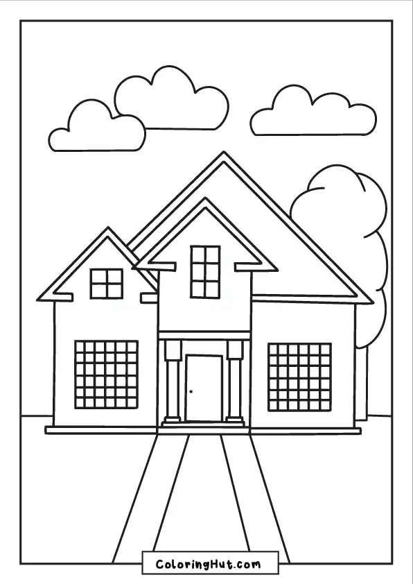 Classic villa-style house coloring page featuring large windows, pathway, and fluffy clouds.