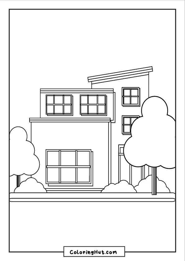 Contemporary urban-style villa coloring page, showcasing stylish architecture, trees, and bushes.