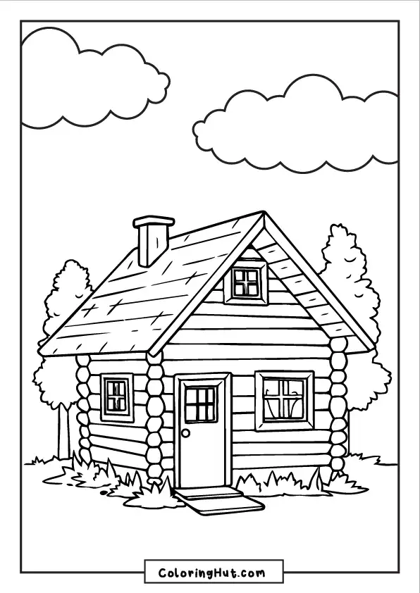Countryside log cabin illustration with clouds, trees, windows, and a welcoming door.
