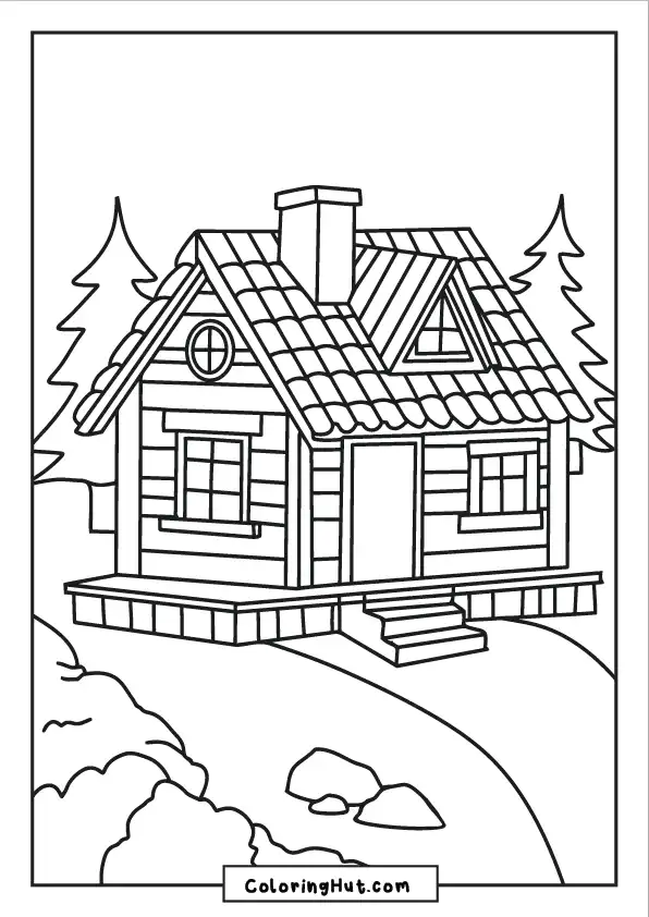 Cozy cabin coloring page featuring trees, a stone chimney, and a peaceful surrounding landscape.