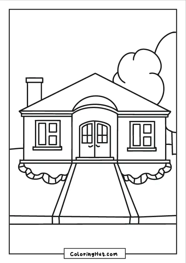 Cozy single-story villa scene with double doors, windows, pathway, and surrounding greenery.