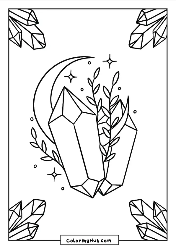 Crystal cluster with moon and leafy branches in a magical design