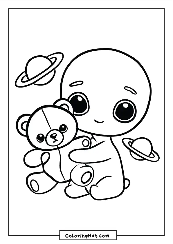 Adorable alien sitting with a teddy bear and planets in the background – perfect for kids to color
