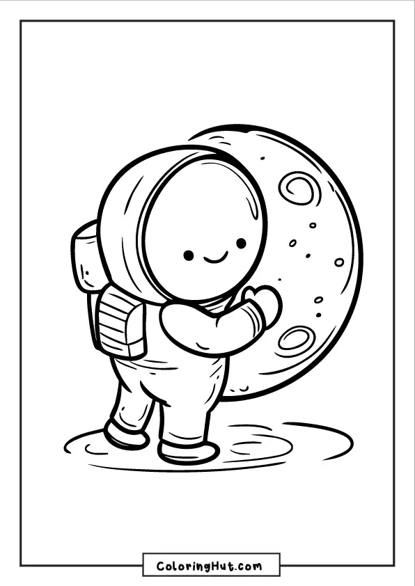 Cute astronaut hugging the moon with a happy expression, perfect for kids' coloring fun.