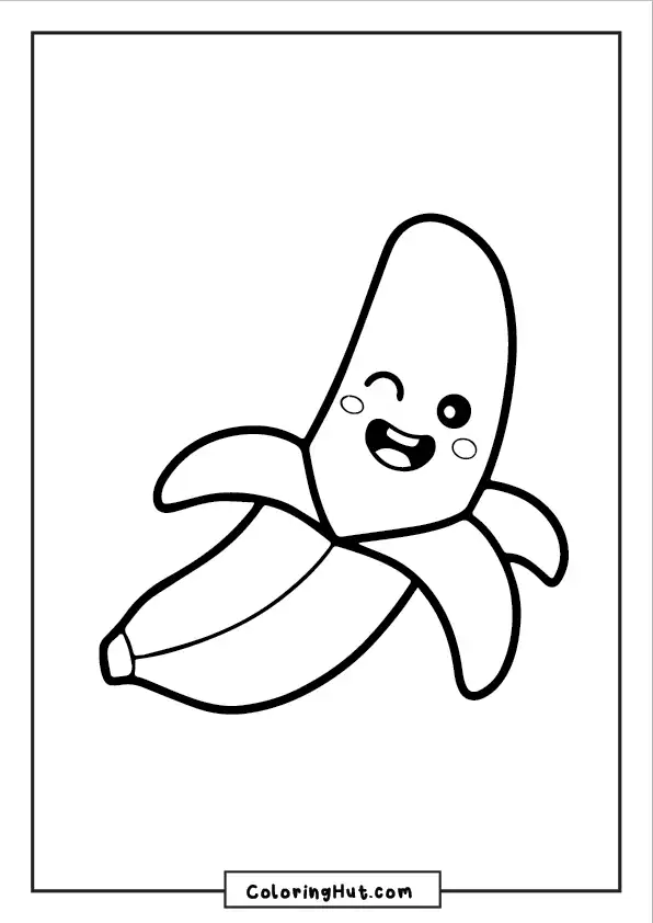 Cute banana coloring page featuring a smiling banana with a winking face and open peel.