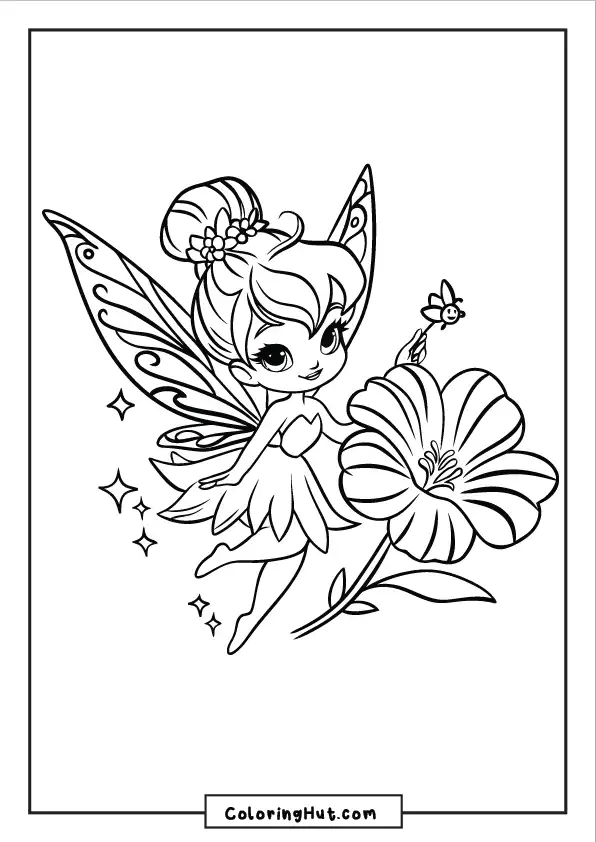 Cheerful fairy with a flower in her hands, sparkling wings, and a happy expression.