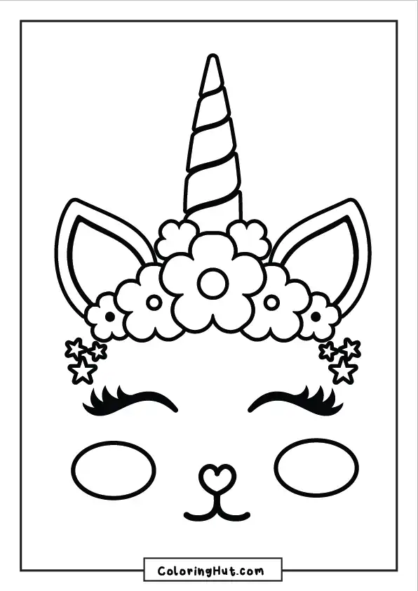 Simple unicorn face coloring page with floral crown, heart-shaped nose, and closed eyes