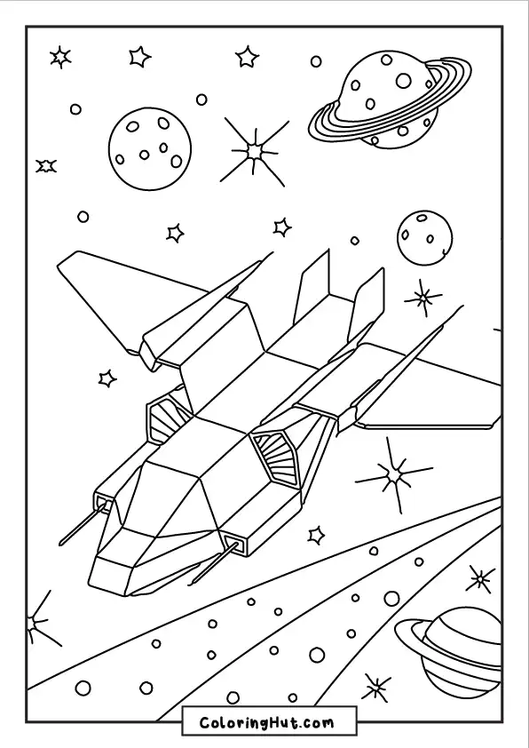 Simple, geometric-style spaceship coloring page, perfect for younger kids, featuring planets and stars.