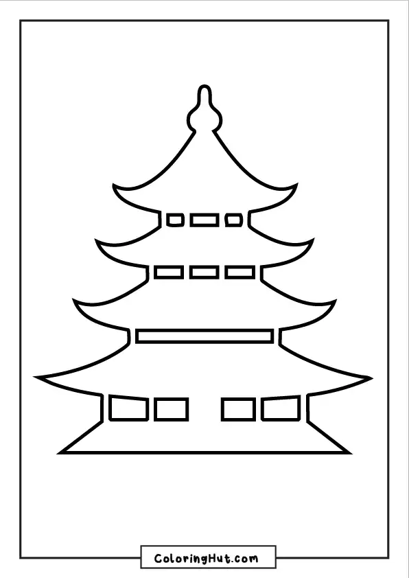 Simple pagoda outline with multiple roofs, ideal for younger children to color and learn shapes.