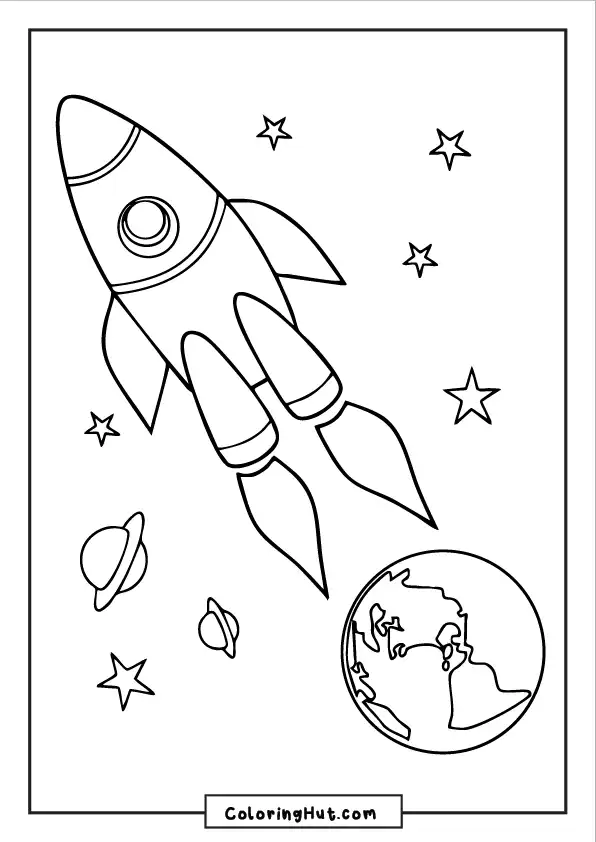 Simple illustration of a rocket launching from Earth towards outer space with planets and stars.