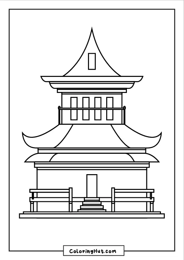 Coloring page featuring an elegant two-tiered Asian temple pagoda with stairs and decorative railings.