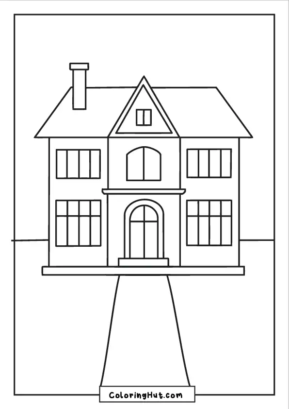 Elegant family villa coloring page with symmetrical windows, arched doorway, chimney, and walkway.