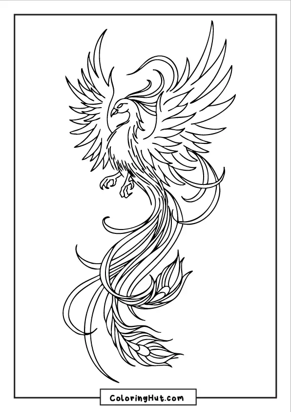 Sleek phoenix rising with extended feathery tail and curved wingtips