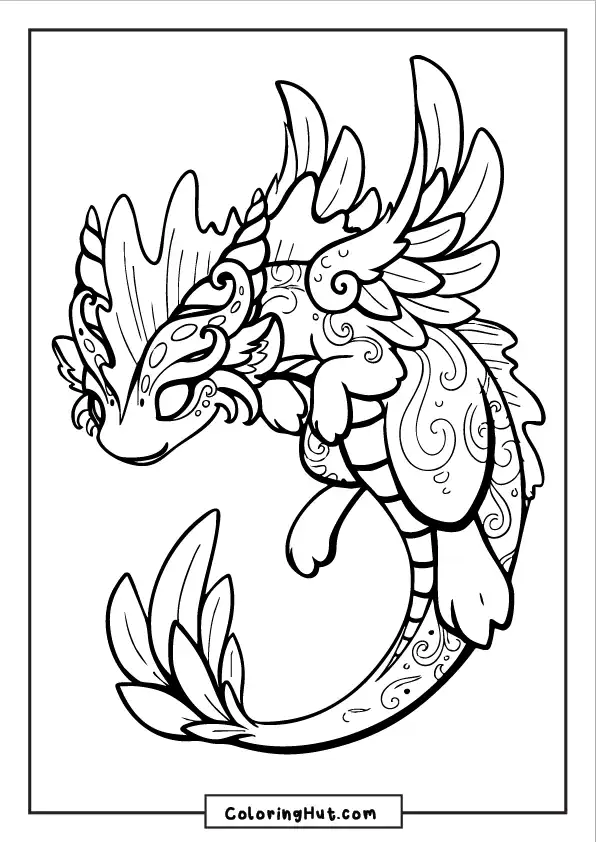 Elegant dragon with swirly patterns and feathery wings floating in mid-air