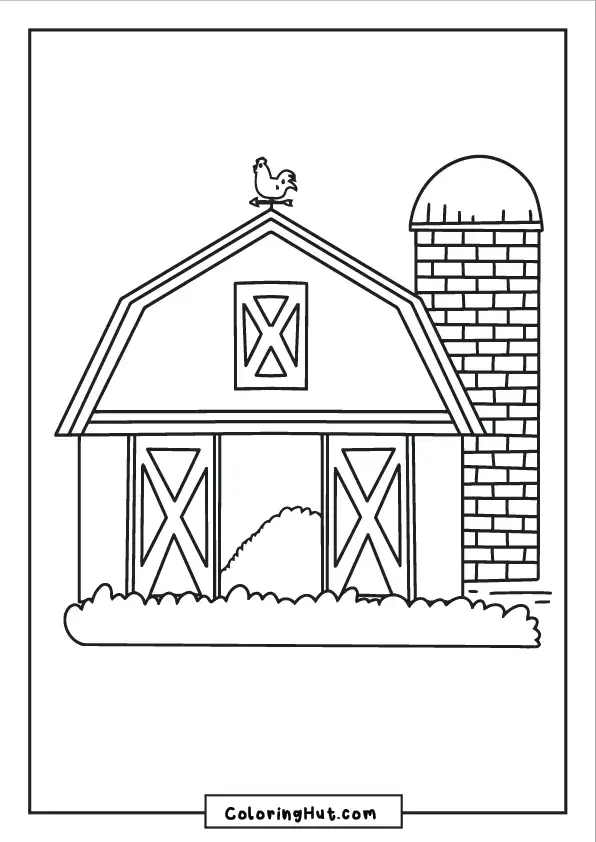 Farm barn coloring page featuring a brick silo, open barn doors, and a rooster perched on the rooftop.