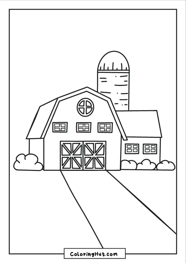 Traditional farmhouse barn coloring page with windows, barn doors, and a tall grain silo.