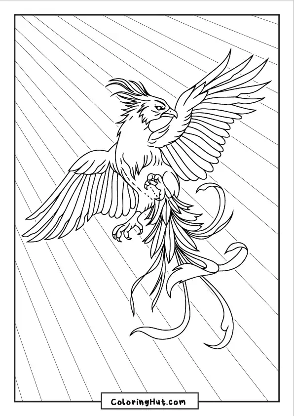 Powerful phoenix in mid-flight with sharp wings and radiant background lines