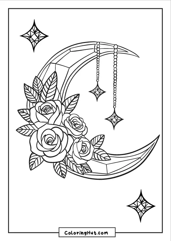 Half-moon decorated with roses, crystals, and dangling stars