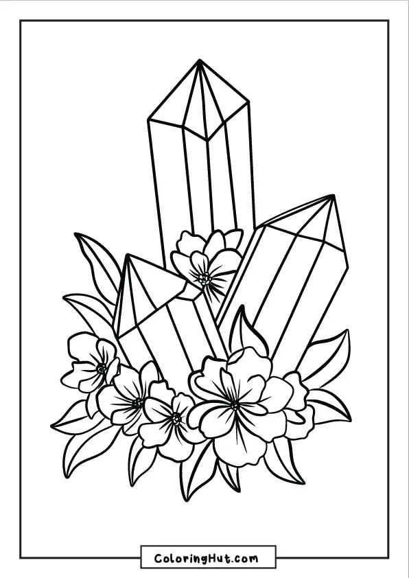 Three pointed crystals surrounded by blooming flowers and leaves