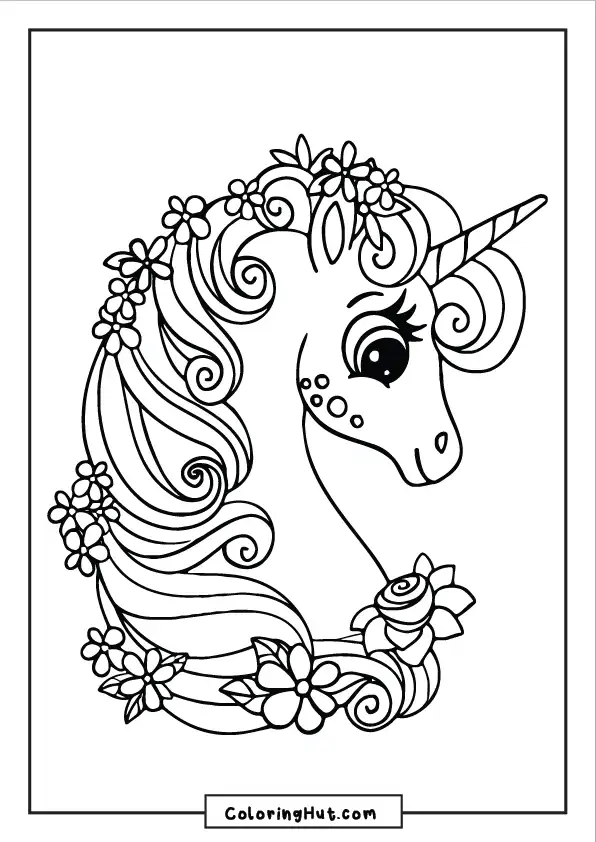 Beautiful unicorn with long curly hair decorated with flowers and leaves
