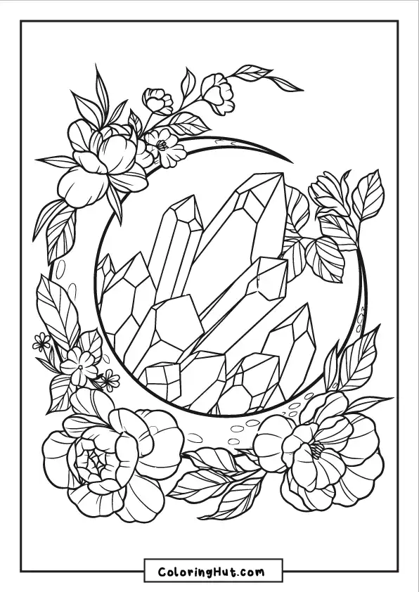 Cluster of crystals framed by detailed blooming flowers and curved branches