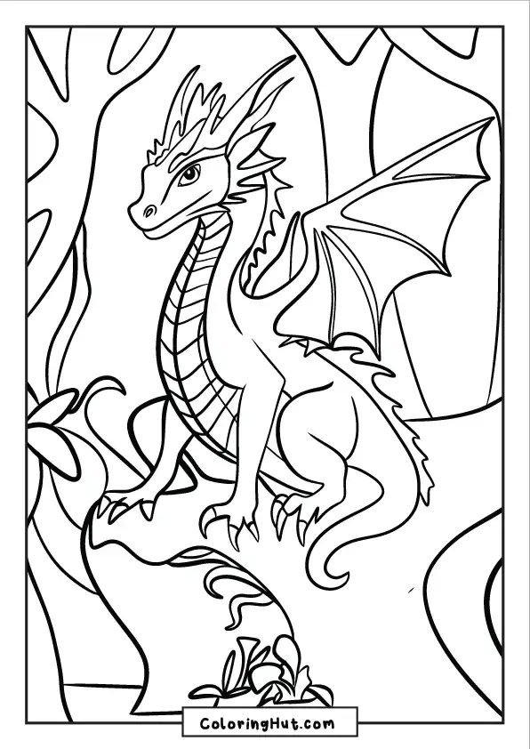Majestic forest dragon perched on a tree branch surrounded by leaves
